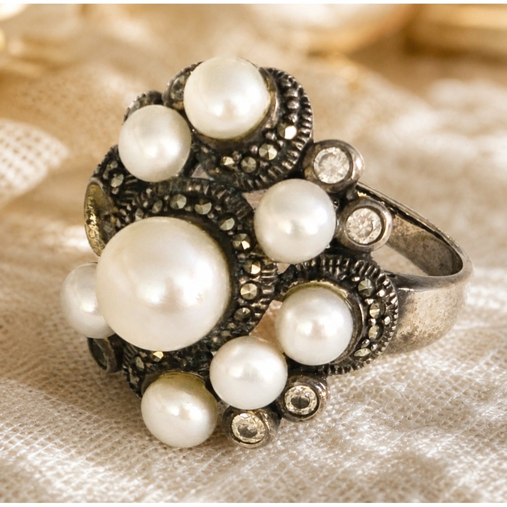 Vintage 925 Sterling Pearl Cluster Marcasite Ring Size 8 Cultured Pearls Estate
